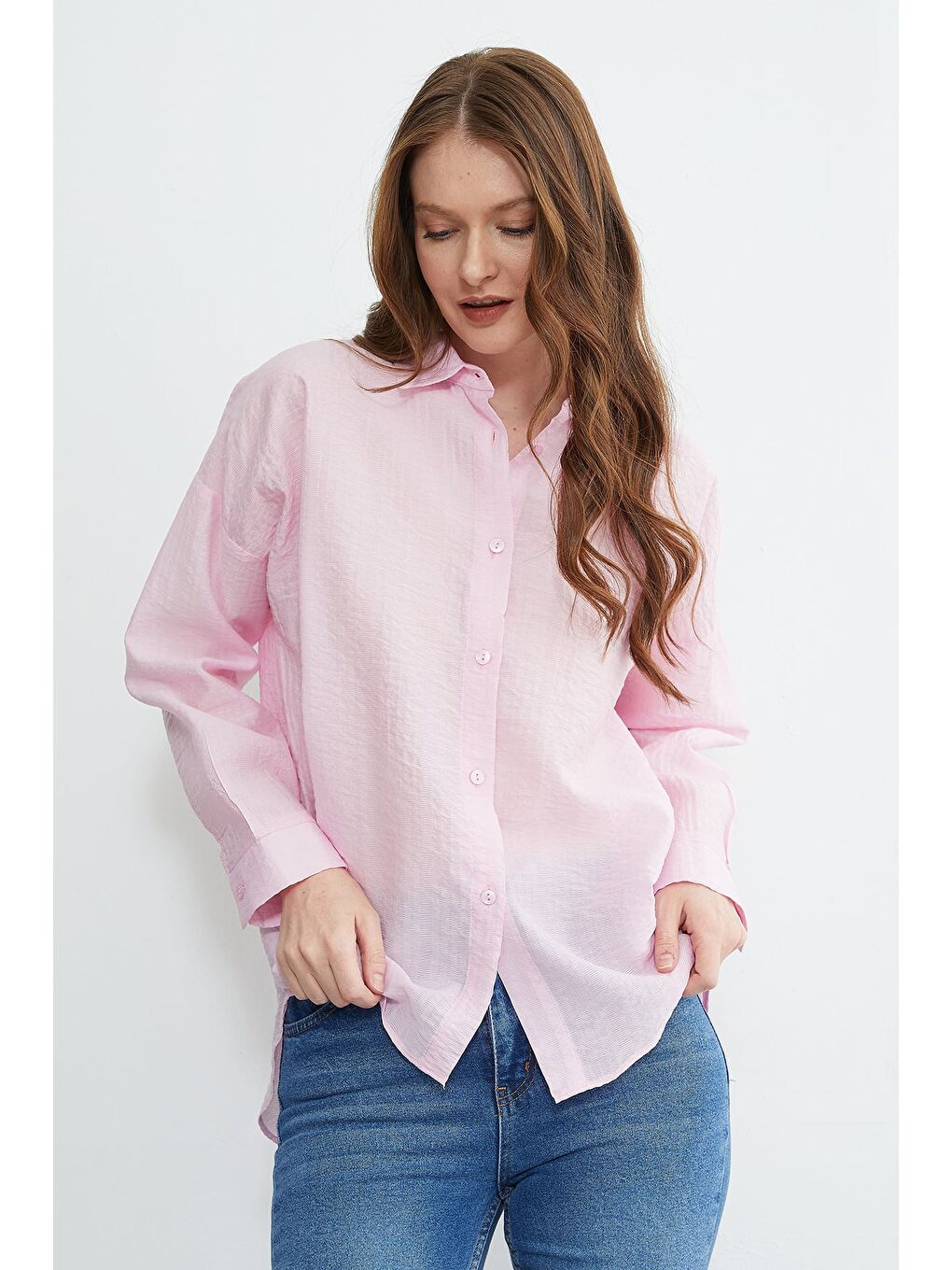 Pembe Basic Düğmeli Krinkıl Gömlek-3