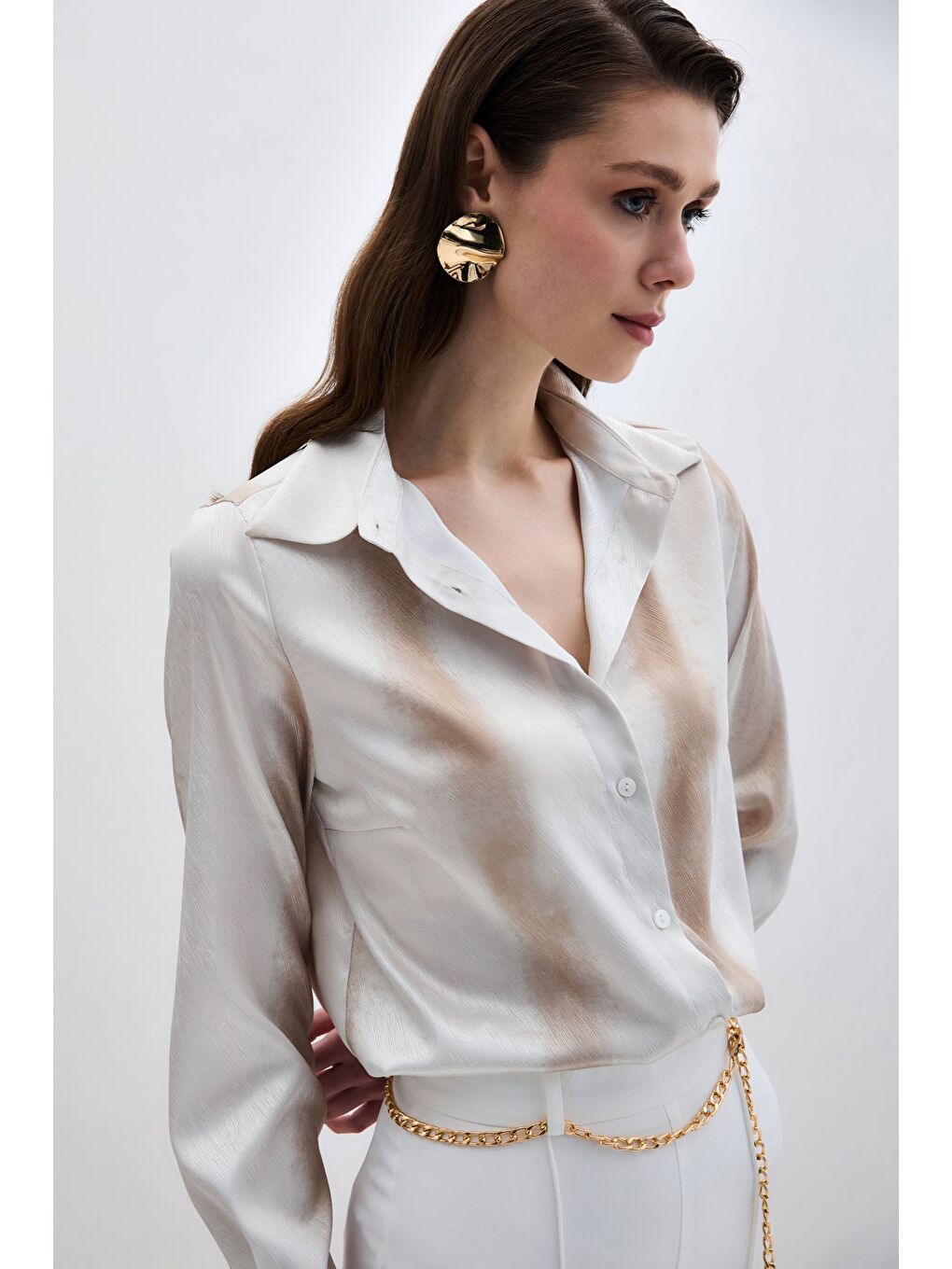 Desenli Klasik Gömlek - Bej-4