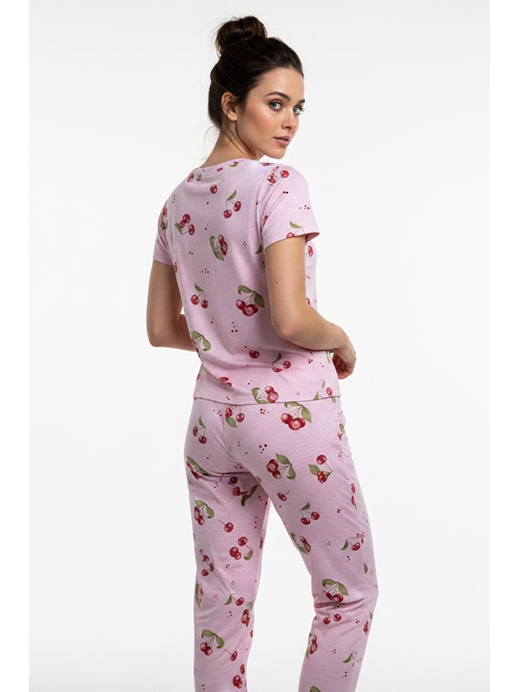 Kadın Bisiklet Yaka Yumuşak Dokulu Büyük Kiraz Desenli Kısa Kol Pijama Takım | Pembe 70132-4668-2