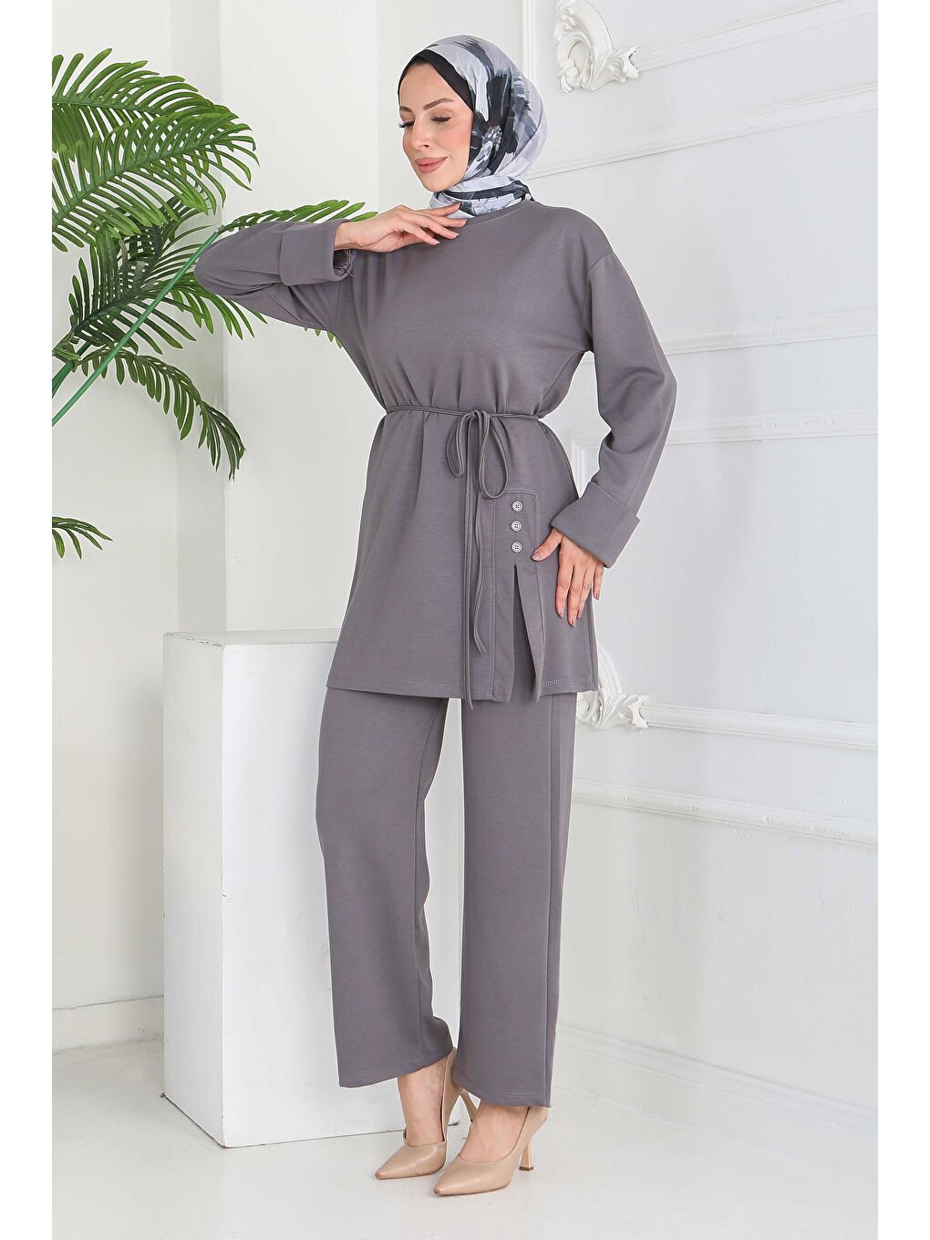 Gri Düğme Detaylı Modal İkili Takım Füme - 28013-FUME