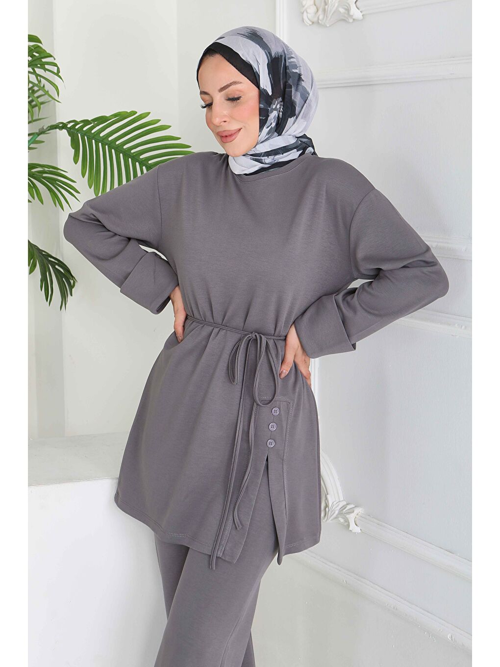 Gri Düğme Detaylı Modal İkili Takım Füme - 28013-FUME-1