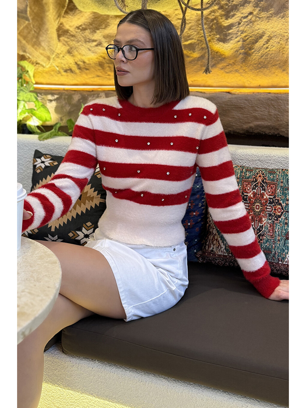Kırmızı Bisiklet Yaka Desenli  İplik Croptop Kadın Triko Kazak-2