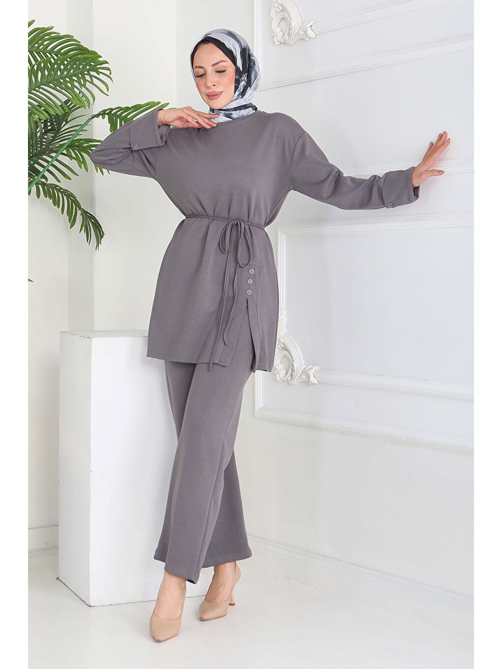 Gri Düğme Detaylı Modal İkili Takım Füme - 28013-FUME-2