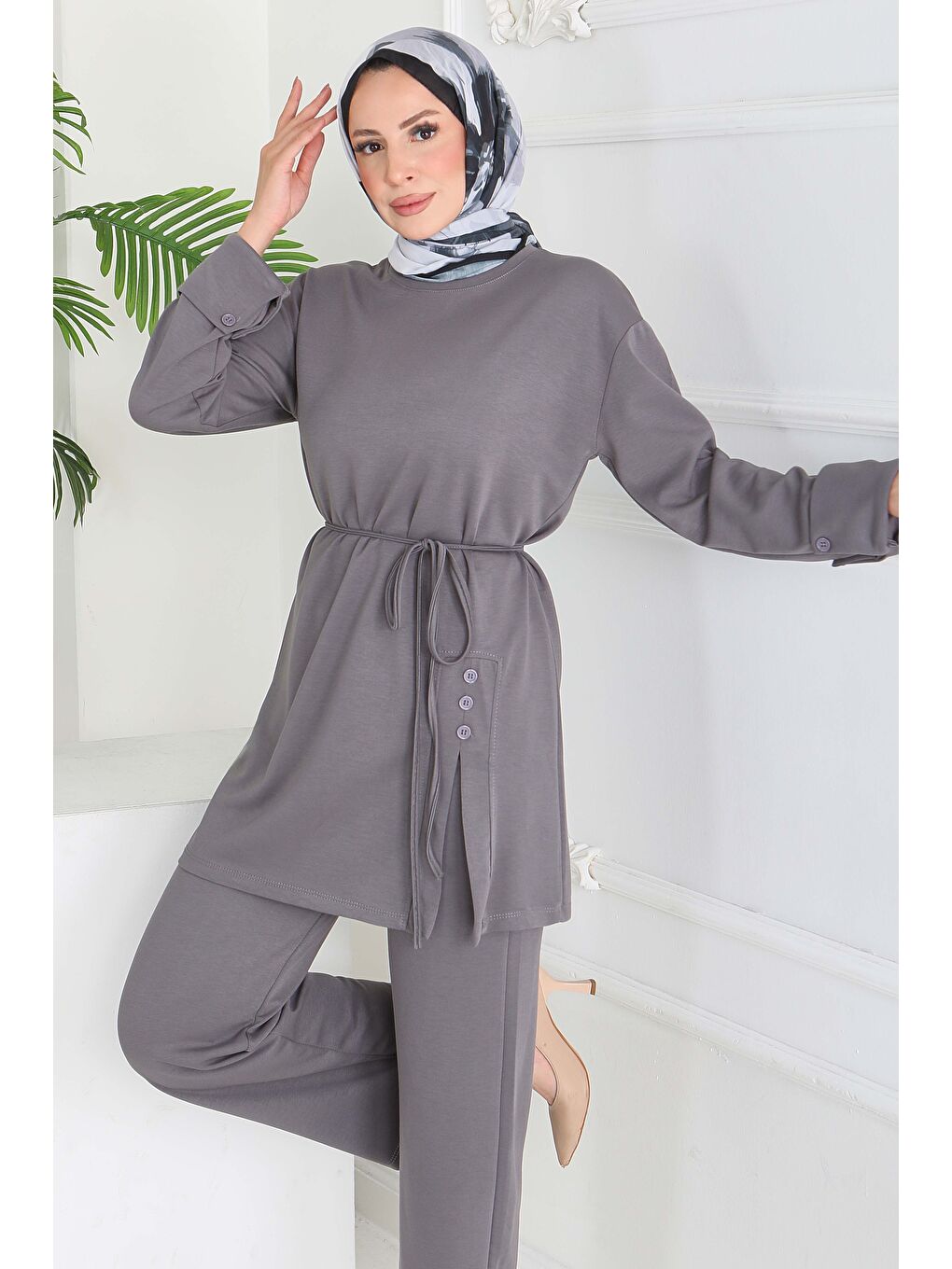 Gri Düğme Detaylı Modal İkili Takım Füme - 28013-FUME-3