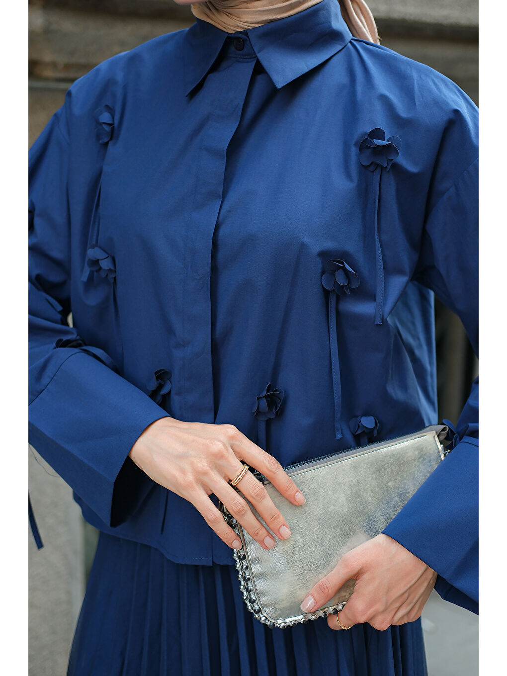 Kadın Çiçek Desenli Gömlek Lacivert-3