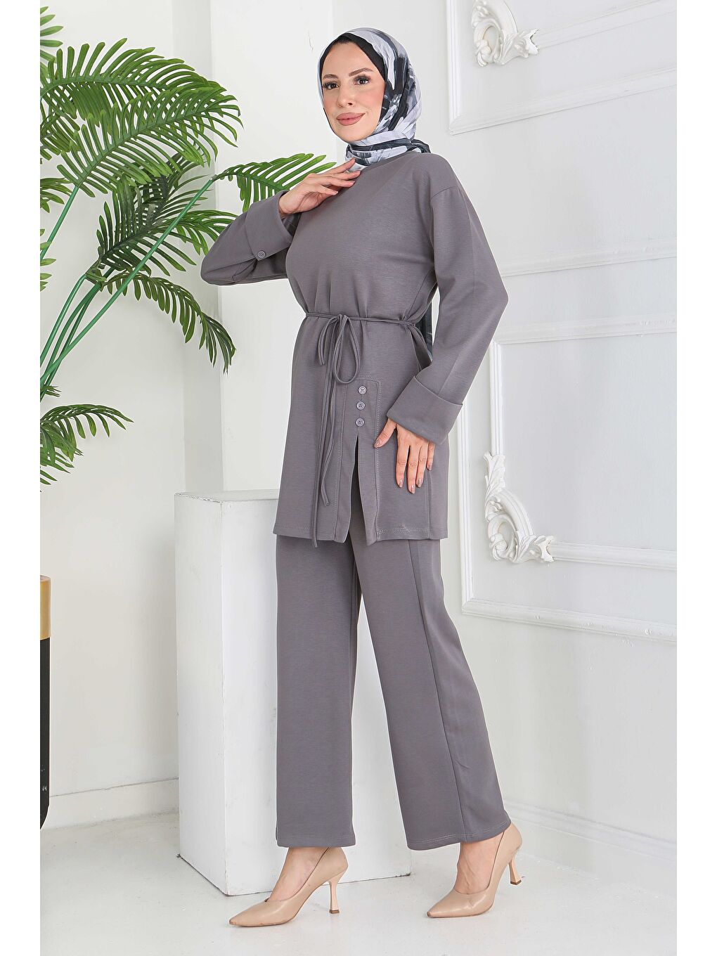 Gri Düğme Detaylı Modal İkili Takım Füme - 28013-FUME-4