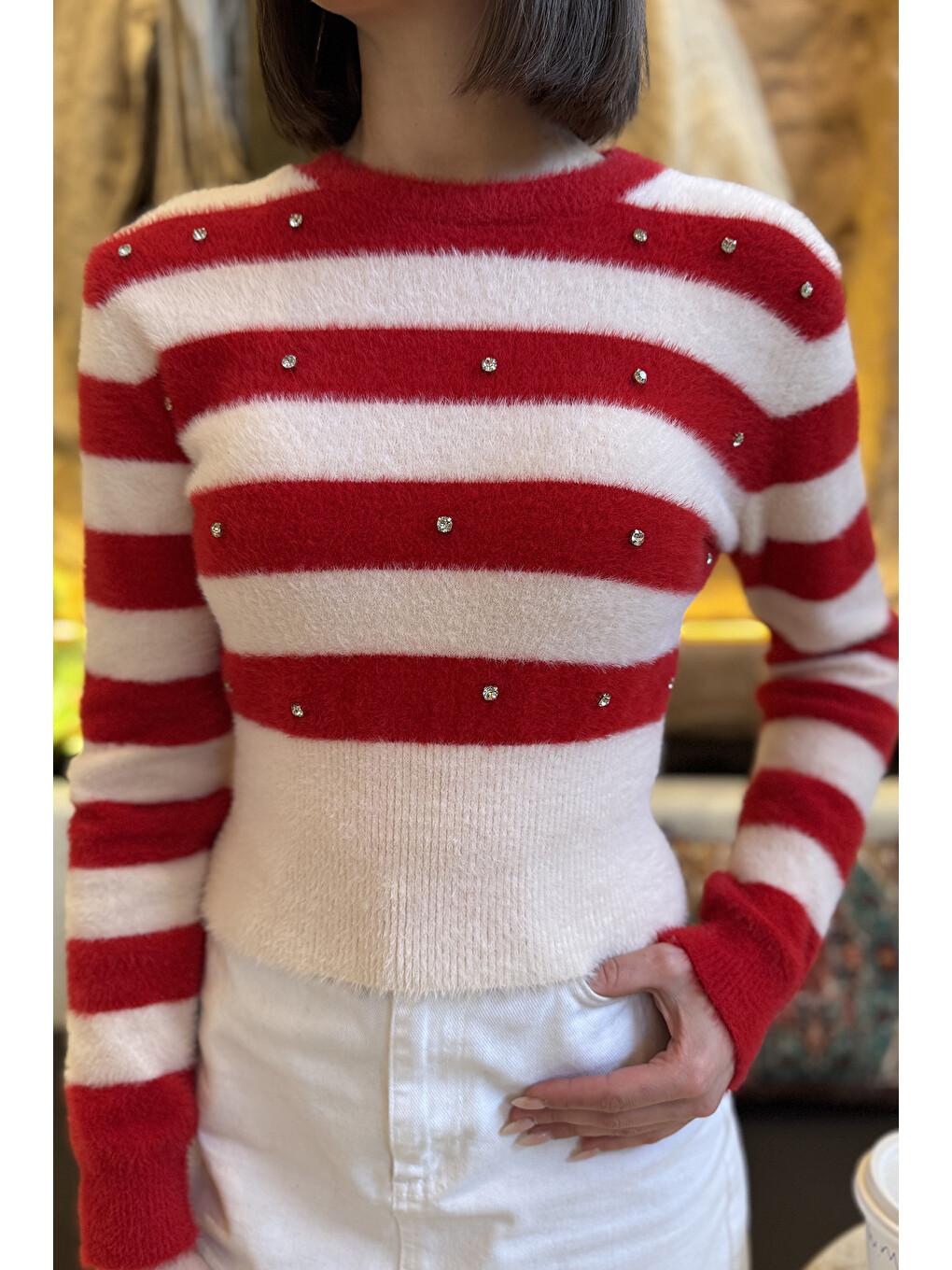 Kırmızı Bisiklet Yaka Desenli  İplik Croptop Kadın Triko Kazak-3