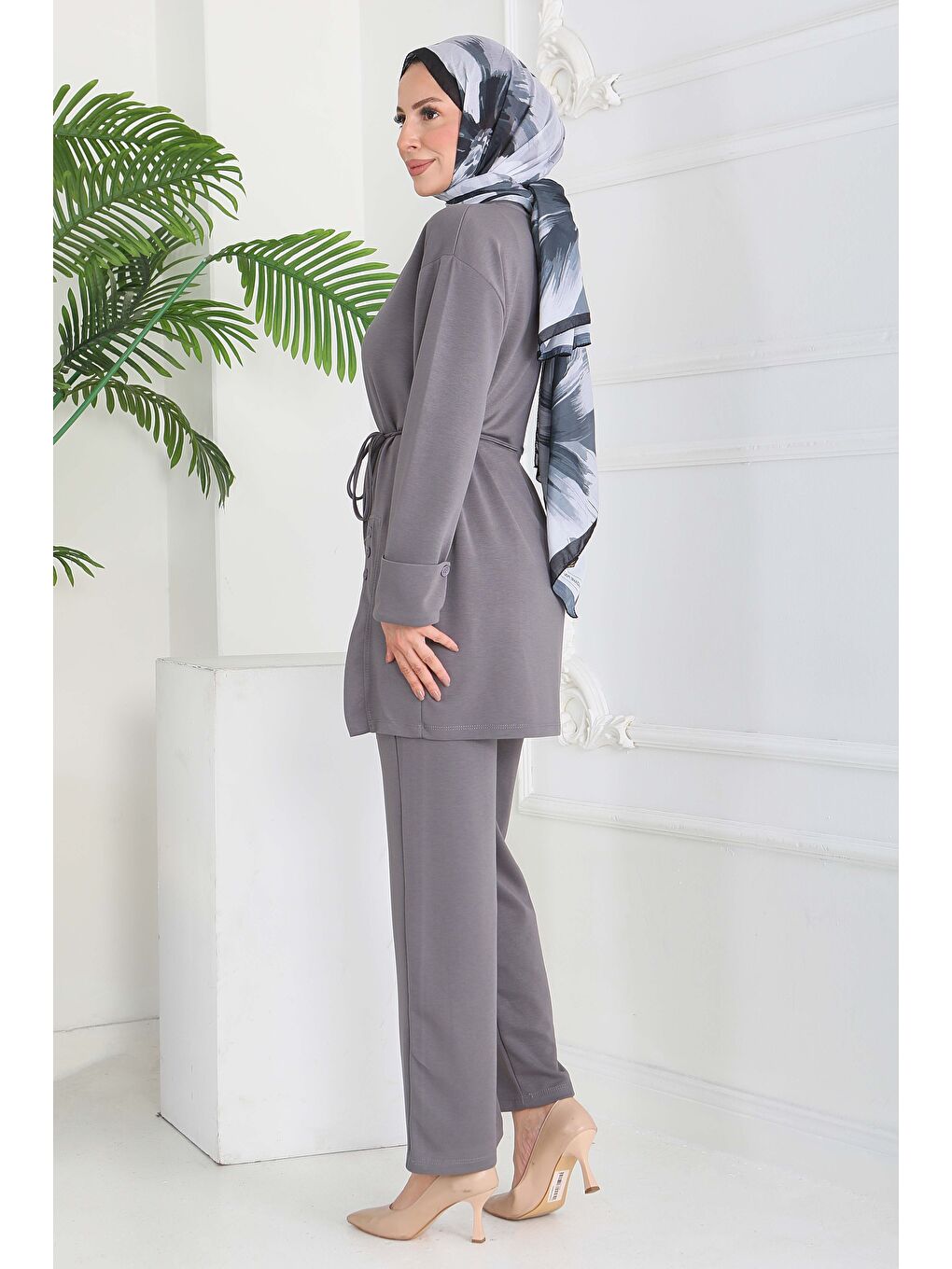 Gri Düğme Detaylı Modal İkili Takım Füme - 28013-FUME-5