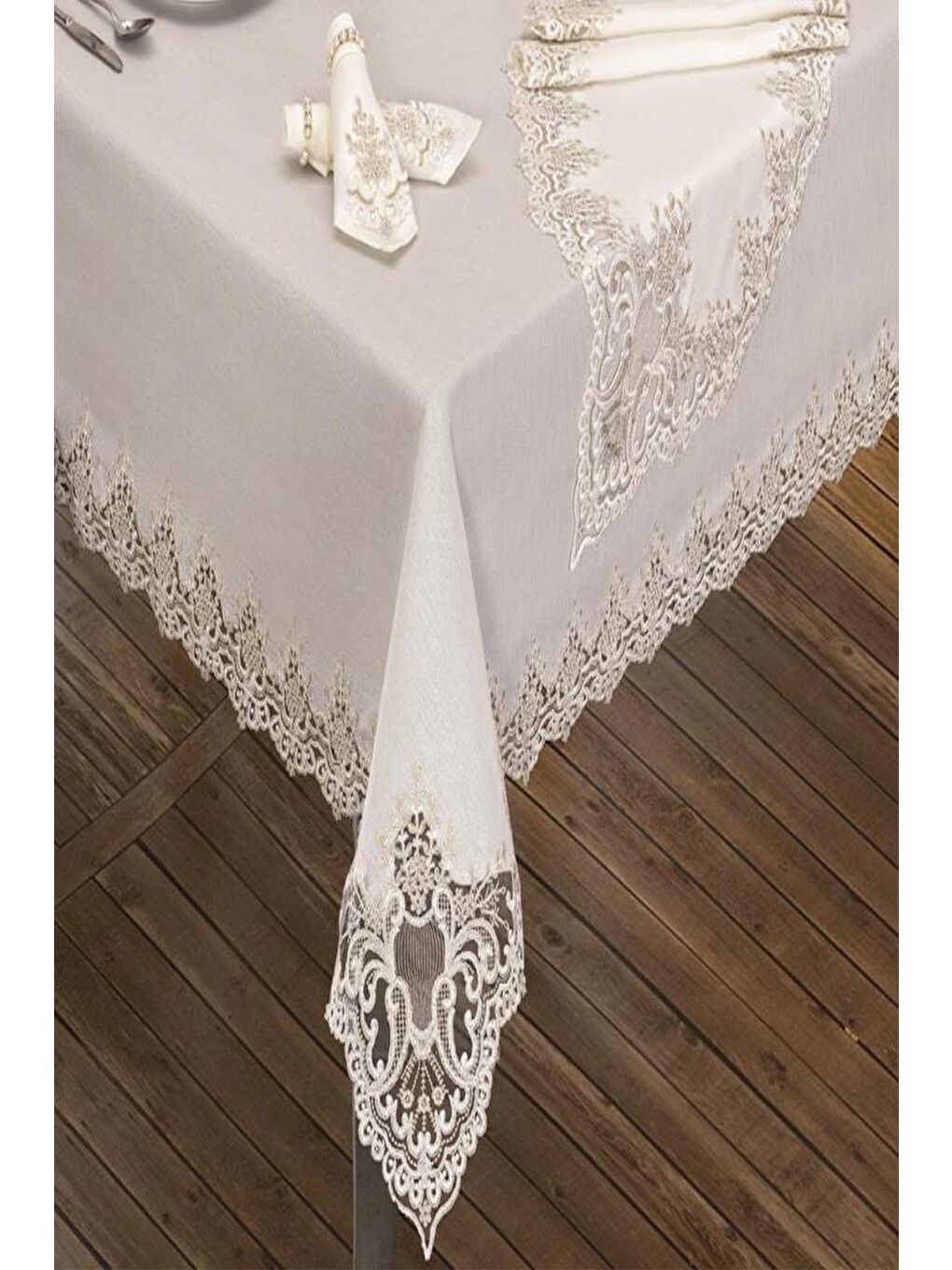 Ekru Sümbül Masa Örtüsü 160x220 Cm 26 Parça Krem-2