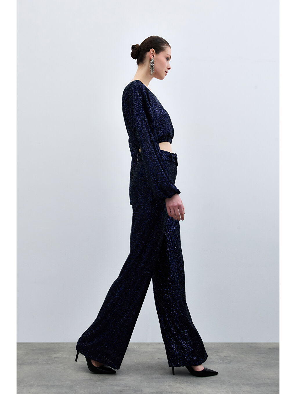 Kemerli Payet Pantolon - Lacivert-1