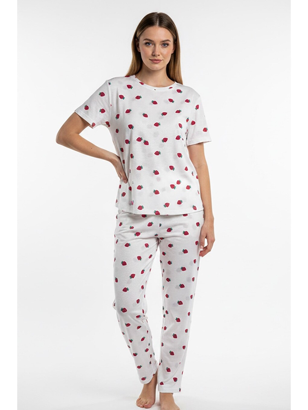 Kadın Bisiklet Yaka Yumuşak Dokulu Çilek Desenli Kısa Kol Pijama Takım | Beyaz 70132-4712-1