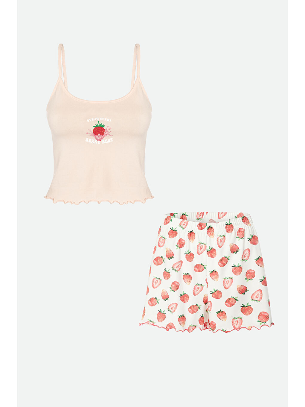 Pembe Kadın İnce Askılı Desenli Pamuklu Şortlu Pijama Takımı