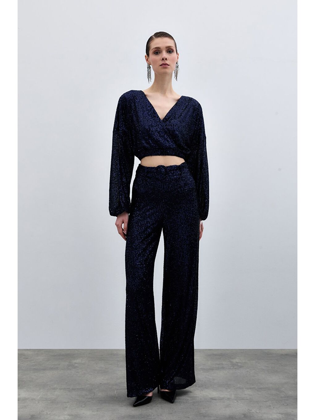 Kemerli Payet Pantolon - Lacivert-2