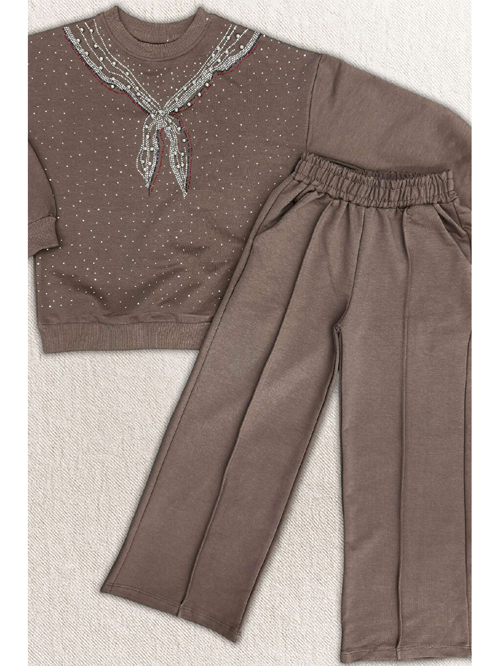 Kahverengi Kız Çocuk Taş Süslemeli Fular Desenli 2 İplik Alt-Üst Takım 4-12 Yaş 12511-1
