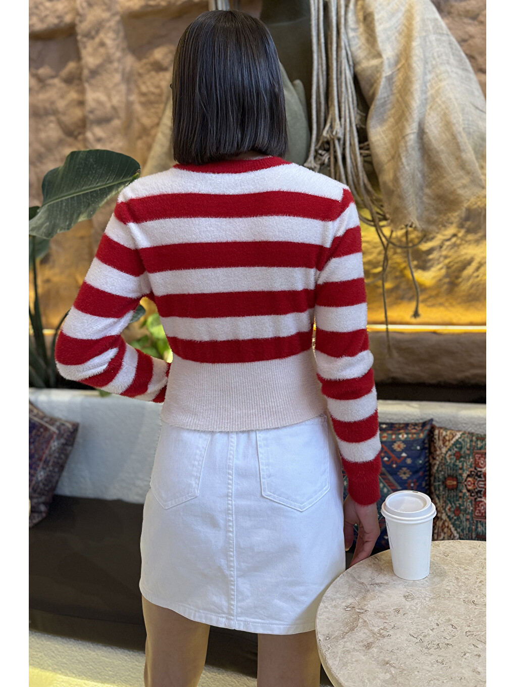 Kırmızı Bisiklet Yaka Desenli  İplik Croptop Kadın Triko Kazak-4