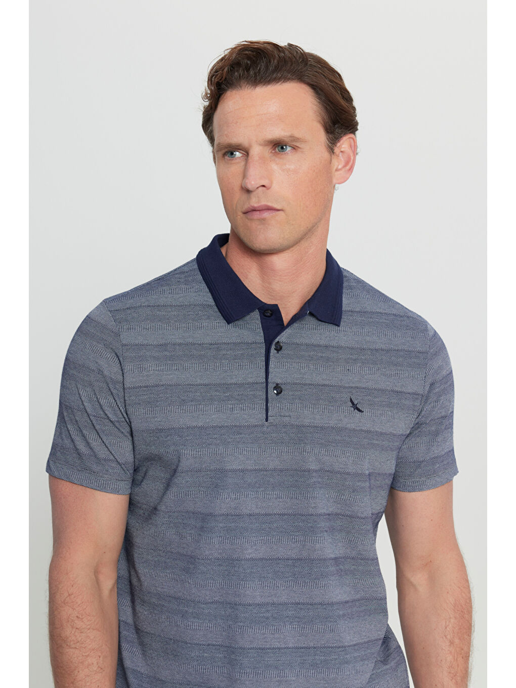 Erkek Lacivert Pamuklu Slim Fit Dar Kesim Polo Yaka Jakarlı Tişört-3