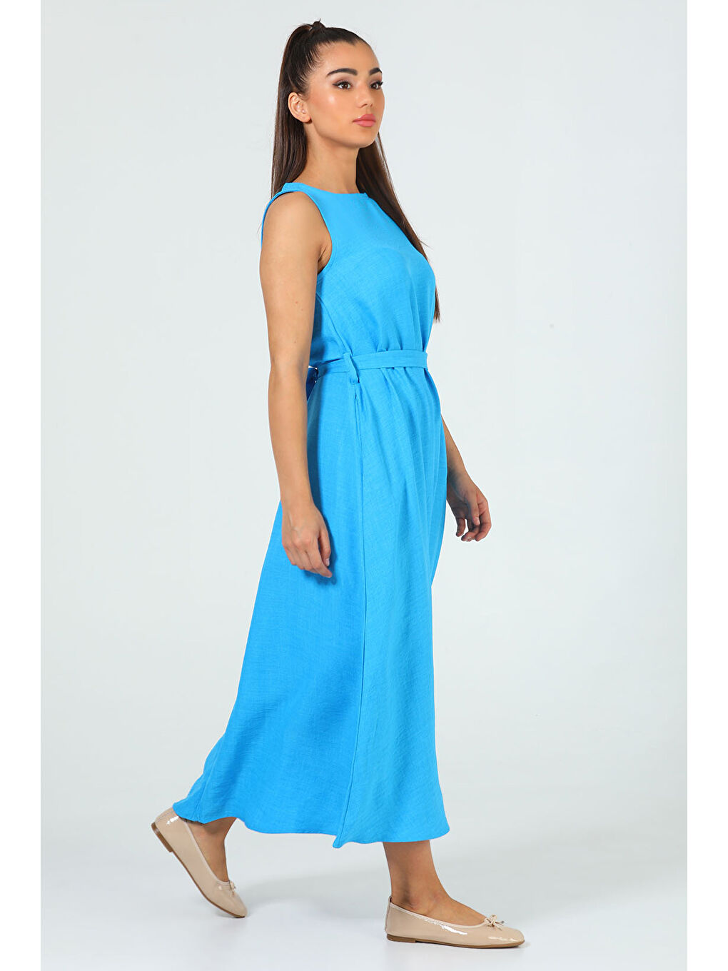 Mavi Kadın Bisiklet Yaka Cep Detaylı Bel Kuşaklı Uzun Elbise-1