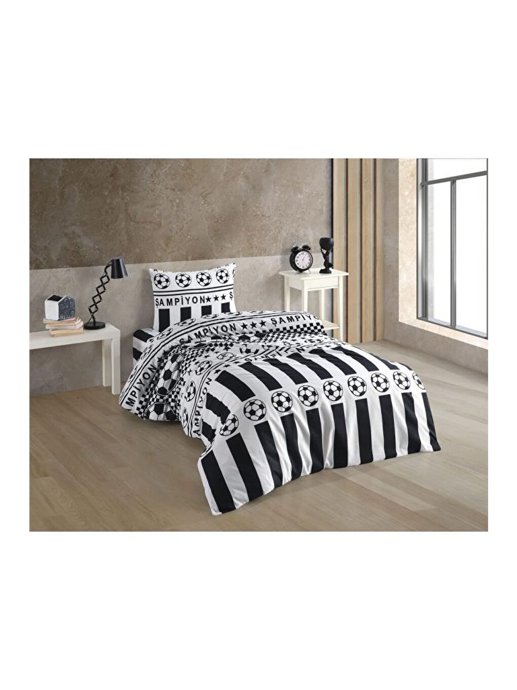 Karışık Siyah Beyaz Taraftar Desenli Tek Kişilik Nevresim Takımı-1