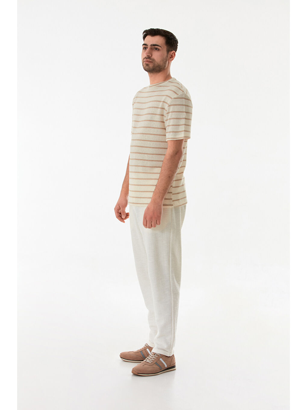 Bej Çizgili Ajurlu Bisiklet Yaka Triko Tişört-2