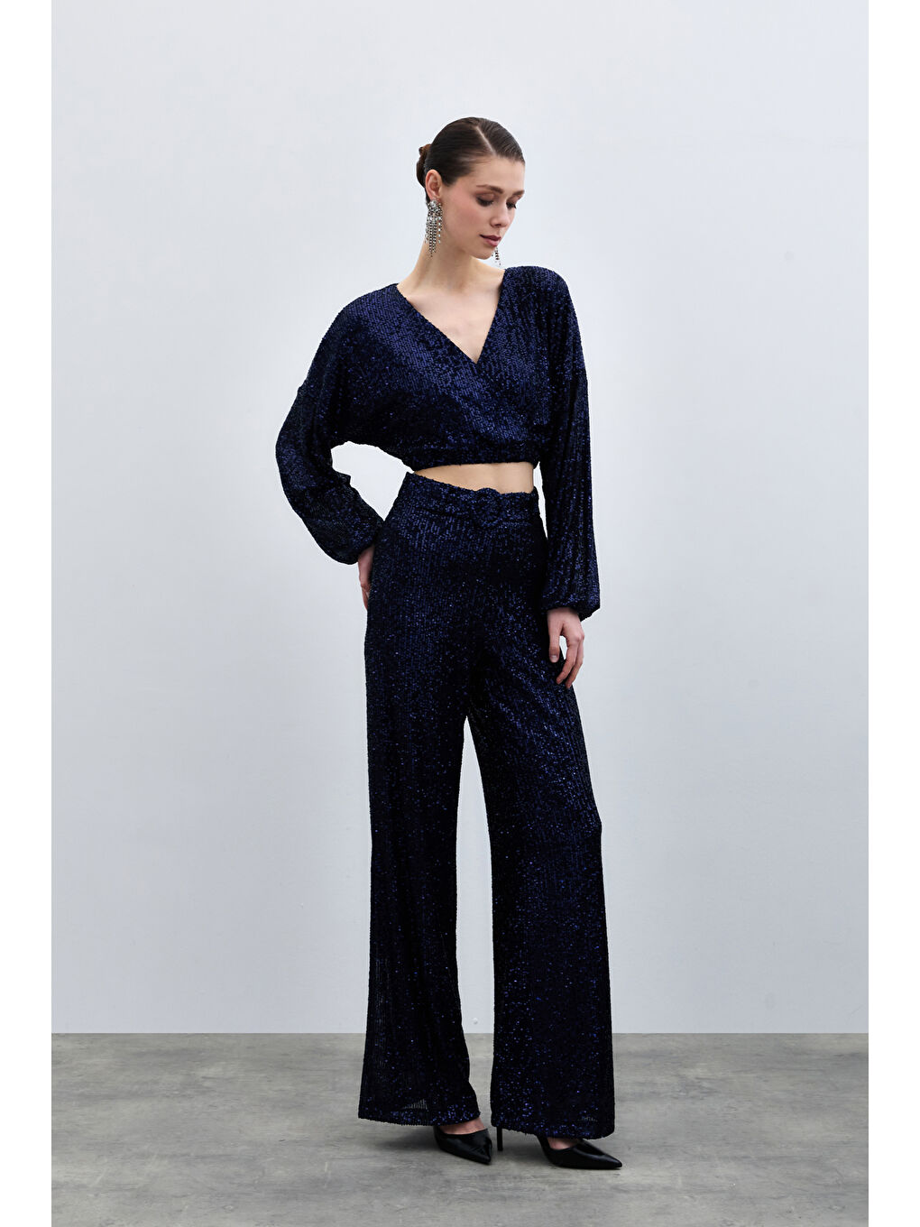 Kemerli Payet Pantolon - Lacivert-3