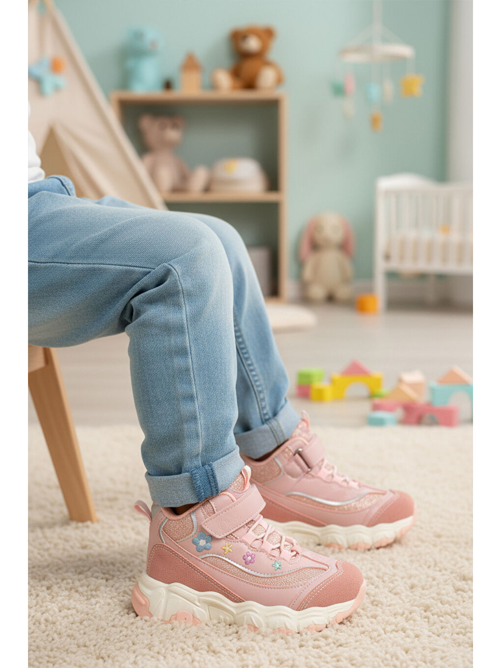 Pembe Pudra Cırtlı Desenli Kaymaz Taban Kız Çocuk Spor Ayakkabı Bella Uzun P-2