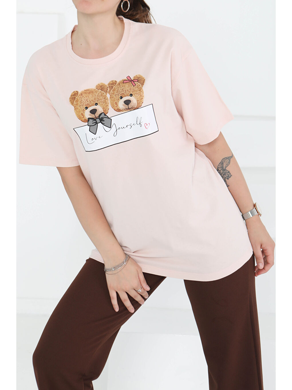 Pembe Baskılı Kısa Kollu T-Şhirt Pudra - 27348