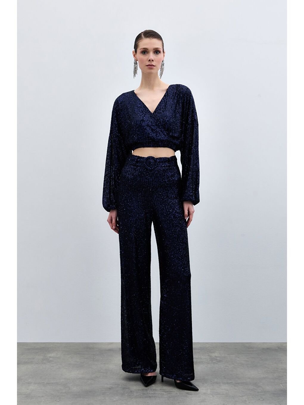 Kemerli Payet Pantolon - Lacivert-4