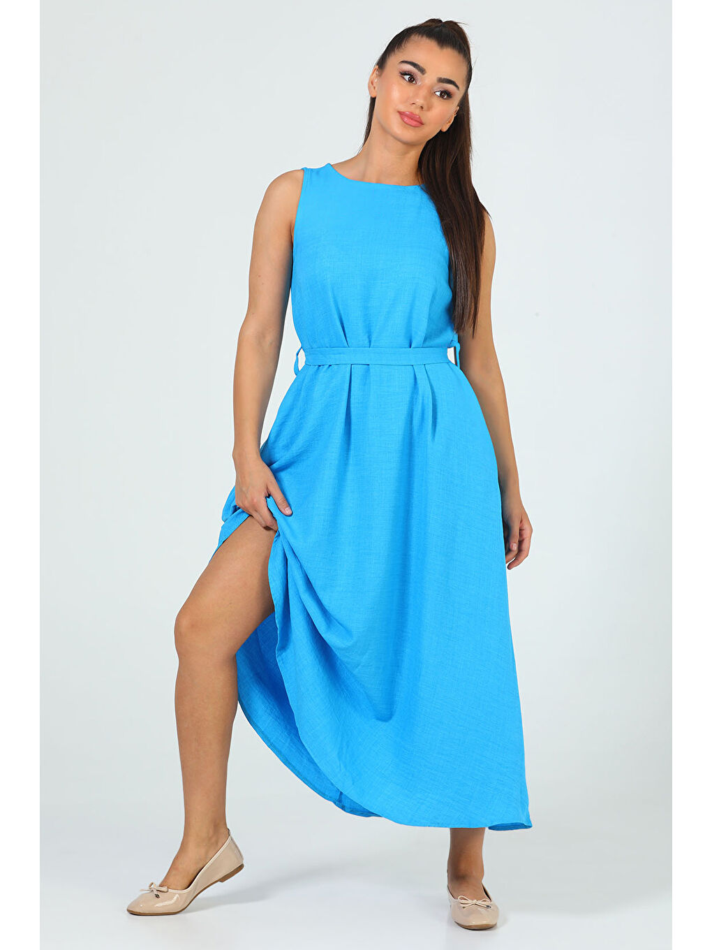 Mavi Kadın Bisiklet Yaka Cep Detaylı Bel Kuşaklı Uzun Elbise-2