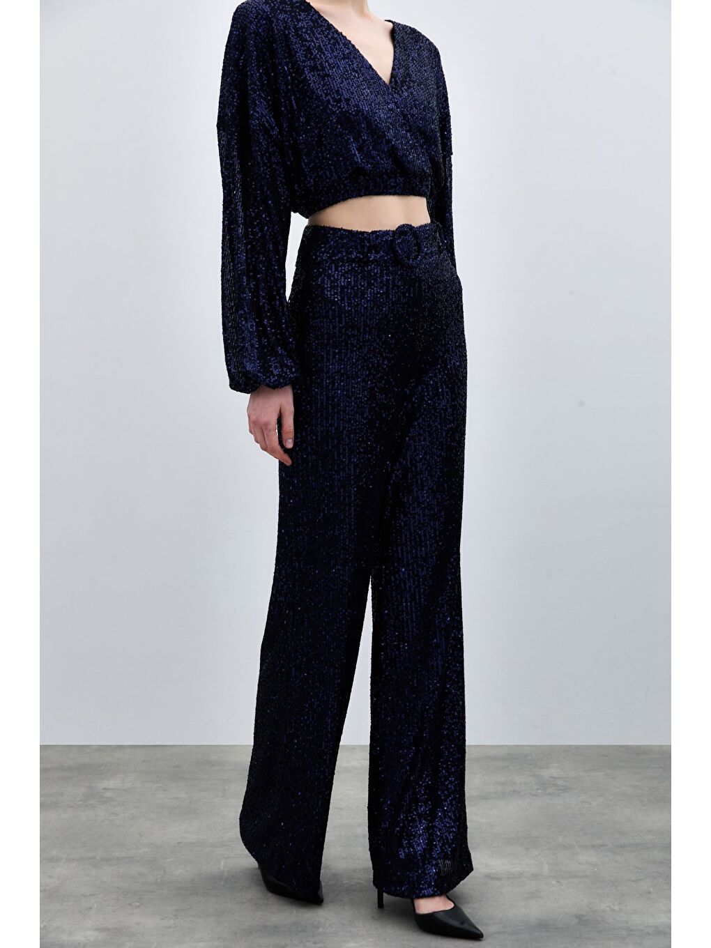 Kemerli Payet Pantolon - Lacivert-5