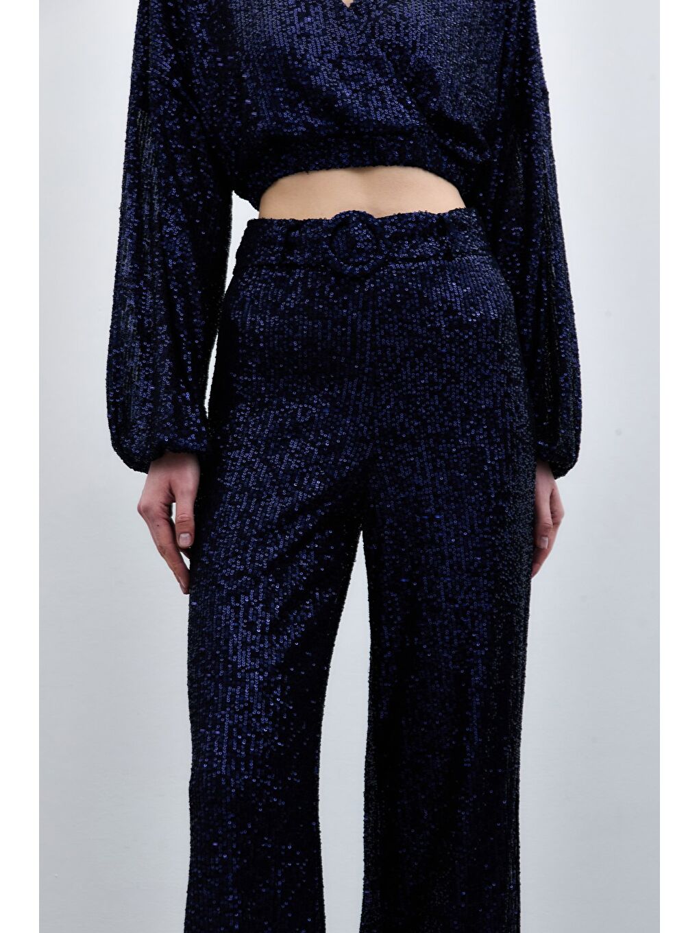 Kemerli Payet Pantolon - Lacivert-6