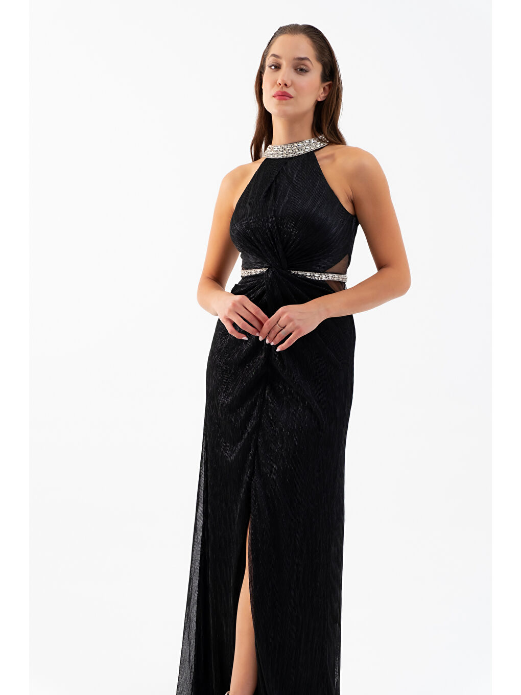 Kadın Siyah Halter Yaka Taşlı Uzun Abiye Elbise-2