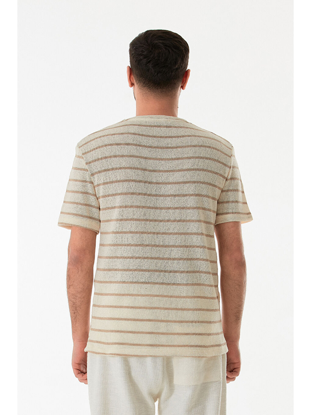 Bej Çizgili Ajurlu Bisiklet Yaka Triko Tişört-3
