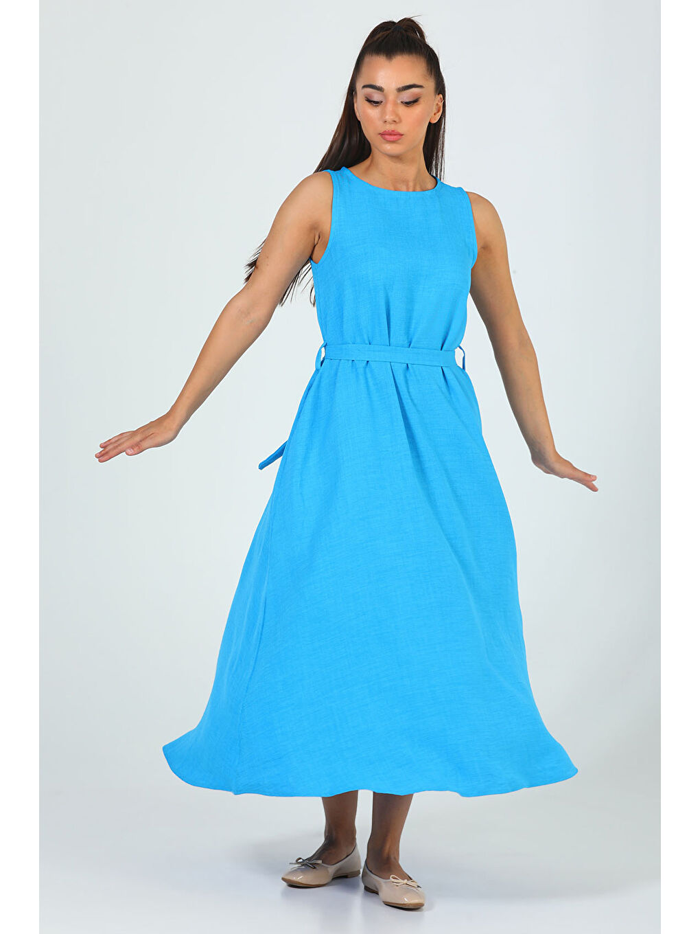 Mavi Kadın Bisiklet Yaka Cep Detaylı Bel Kuşaklı Uzun Elbise-3