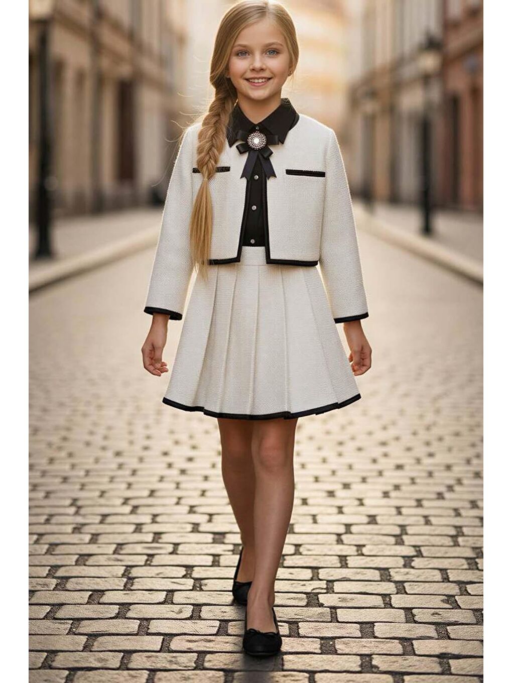 Kız Çocuk Yaka ve Ceket Kenarları Şerit Detaylı Ceket Klasik Gömlek Pileli Ekru Şanel Etekli Takım