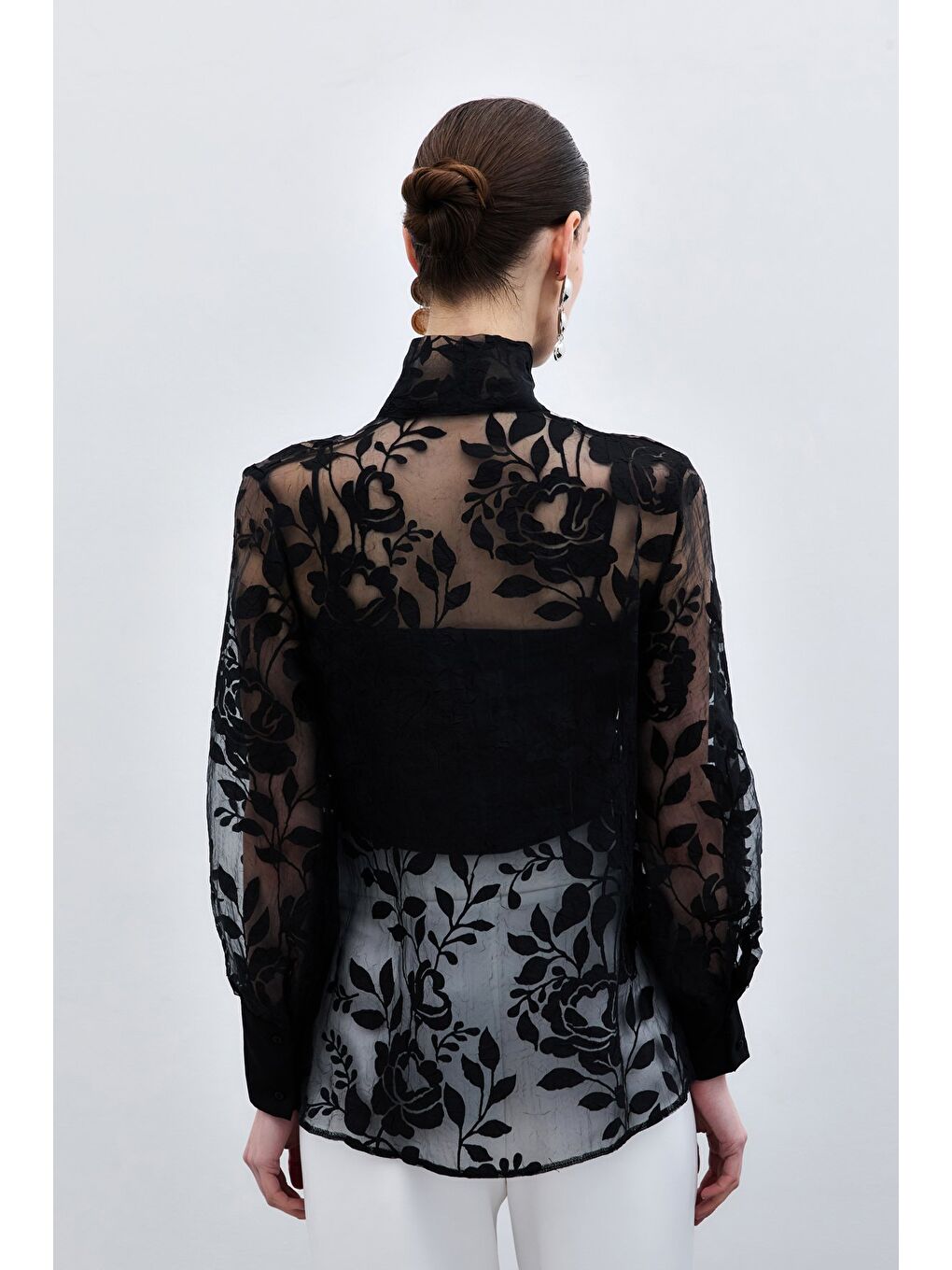 Fularlı Çiçek Desenli Gömlek - Siyah-4