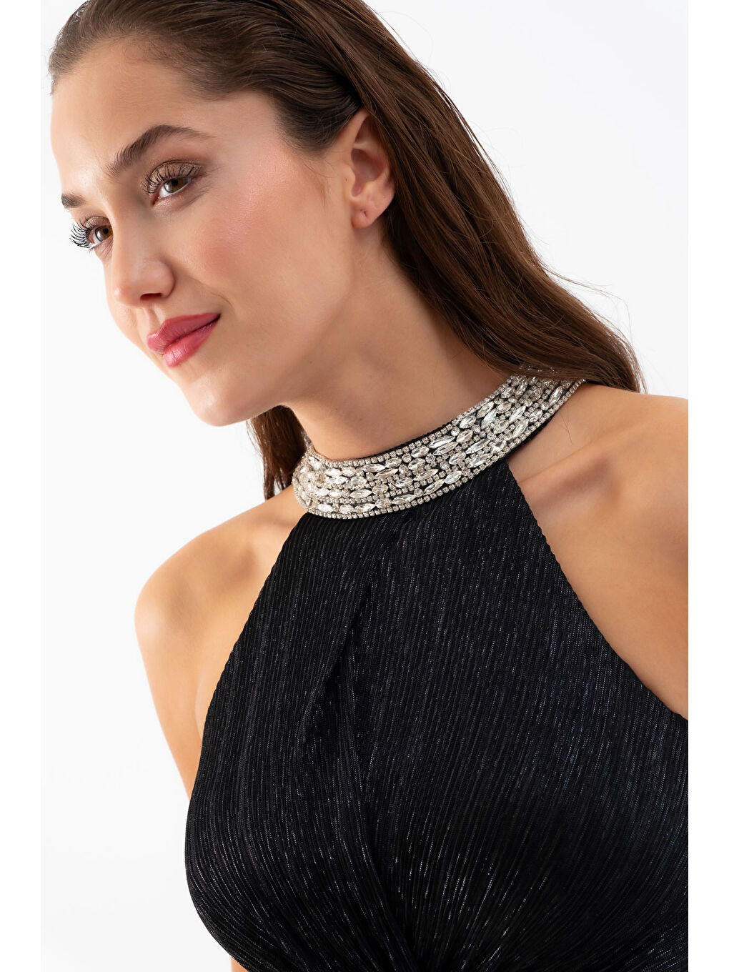 Kadın Siyah Halter Yaka Taşlı Uzun Abiye Elbise-3