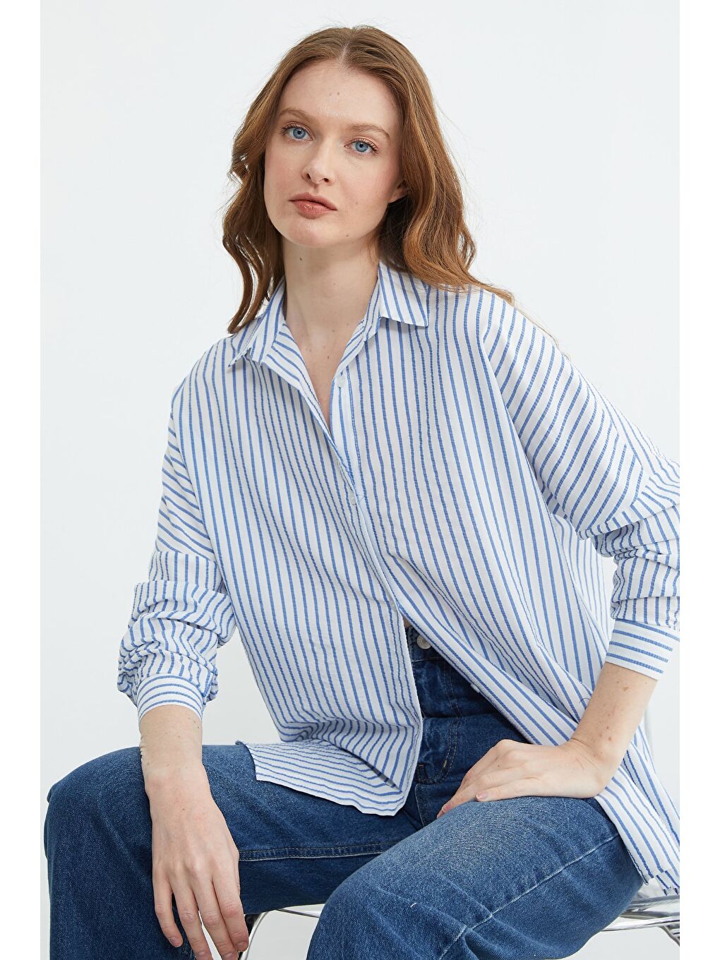 Mavi Çizgili Oversize Gömlek