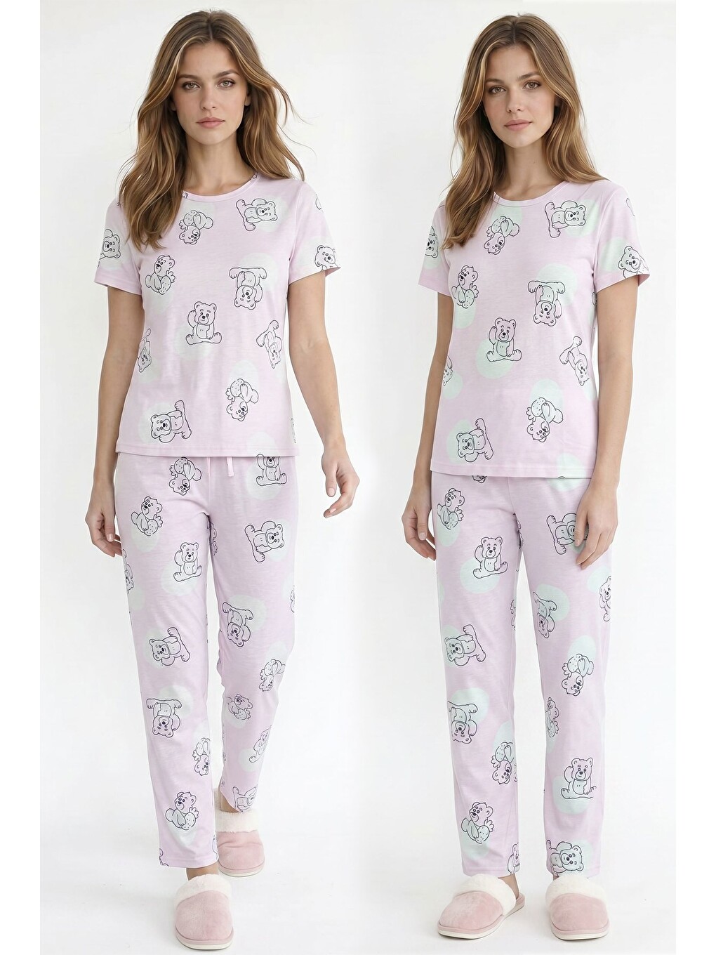 Kadın Bisiklet Yaka Yumuşak Dokulu Ayıcık Desenli Kısa Kol Pijama Takım | Pembe 70132-4680
