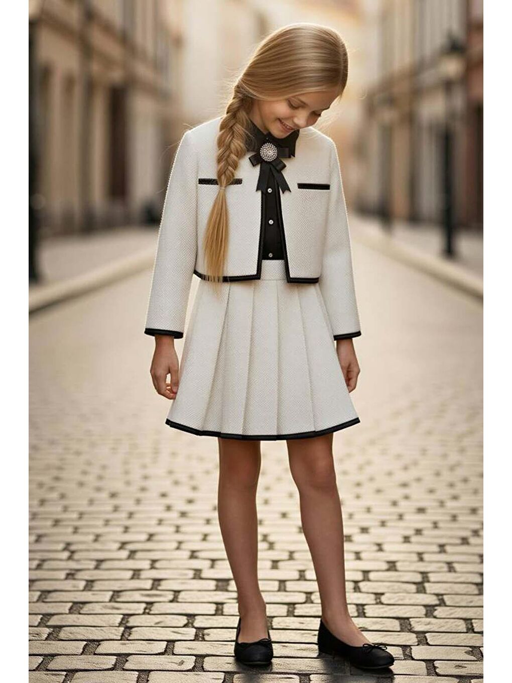 Kız Çocuk Yaka ve Ceket Kenarları Şerit Detaylı Ceket Klasik Gömlek Pileli Ekru Şanel Etekli Takım-2