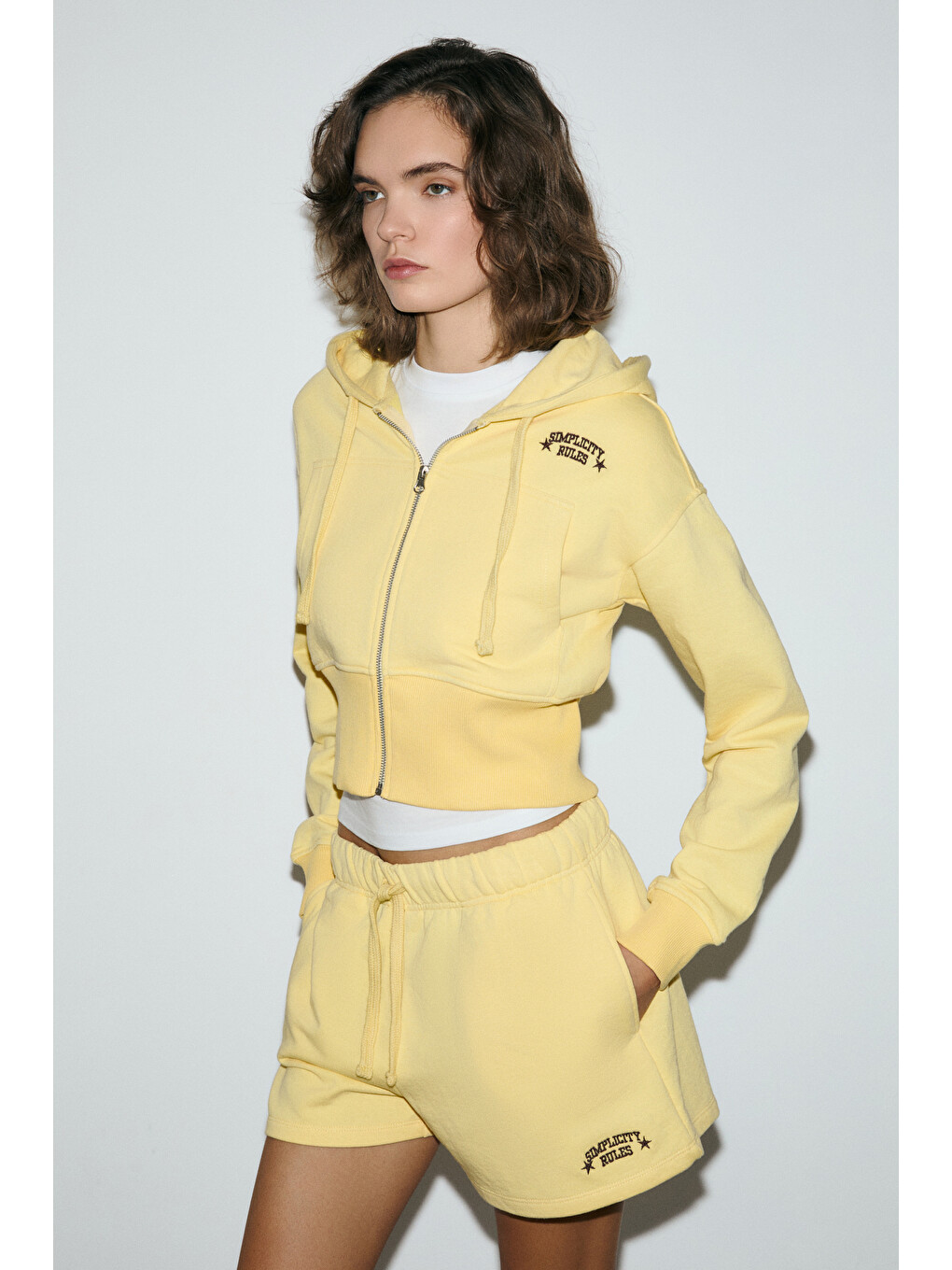 Elara Kadın Metal Fermuarlı Nakışlı Kapüşonlu Crop Sarı Sweatshirt-2