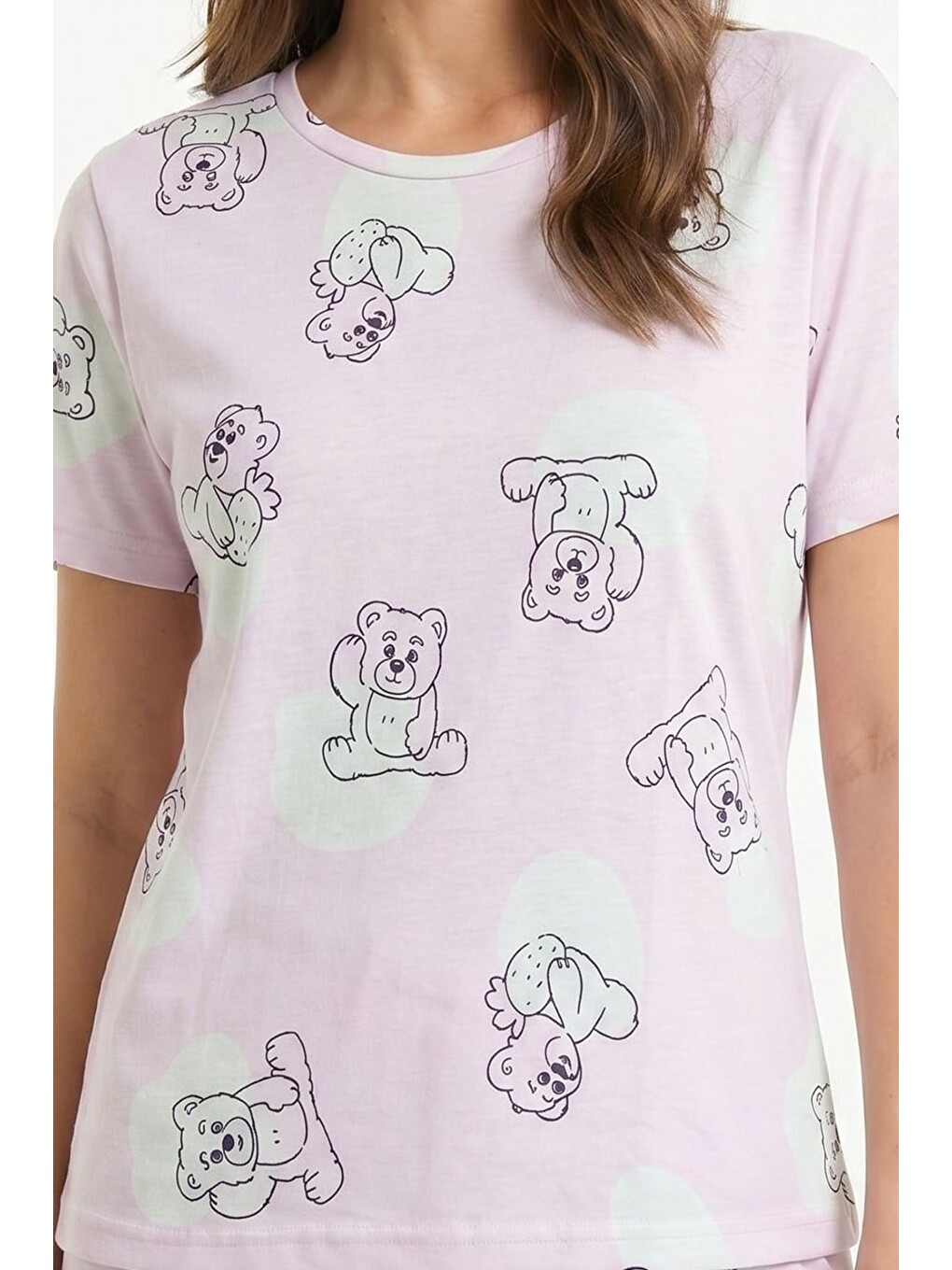 Kadın Bisiklet Yaka Yumuşak Dokulu Ayıcık Desenli Kısa Kol Pijama Takım | Pembe 70132-4680-1