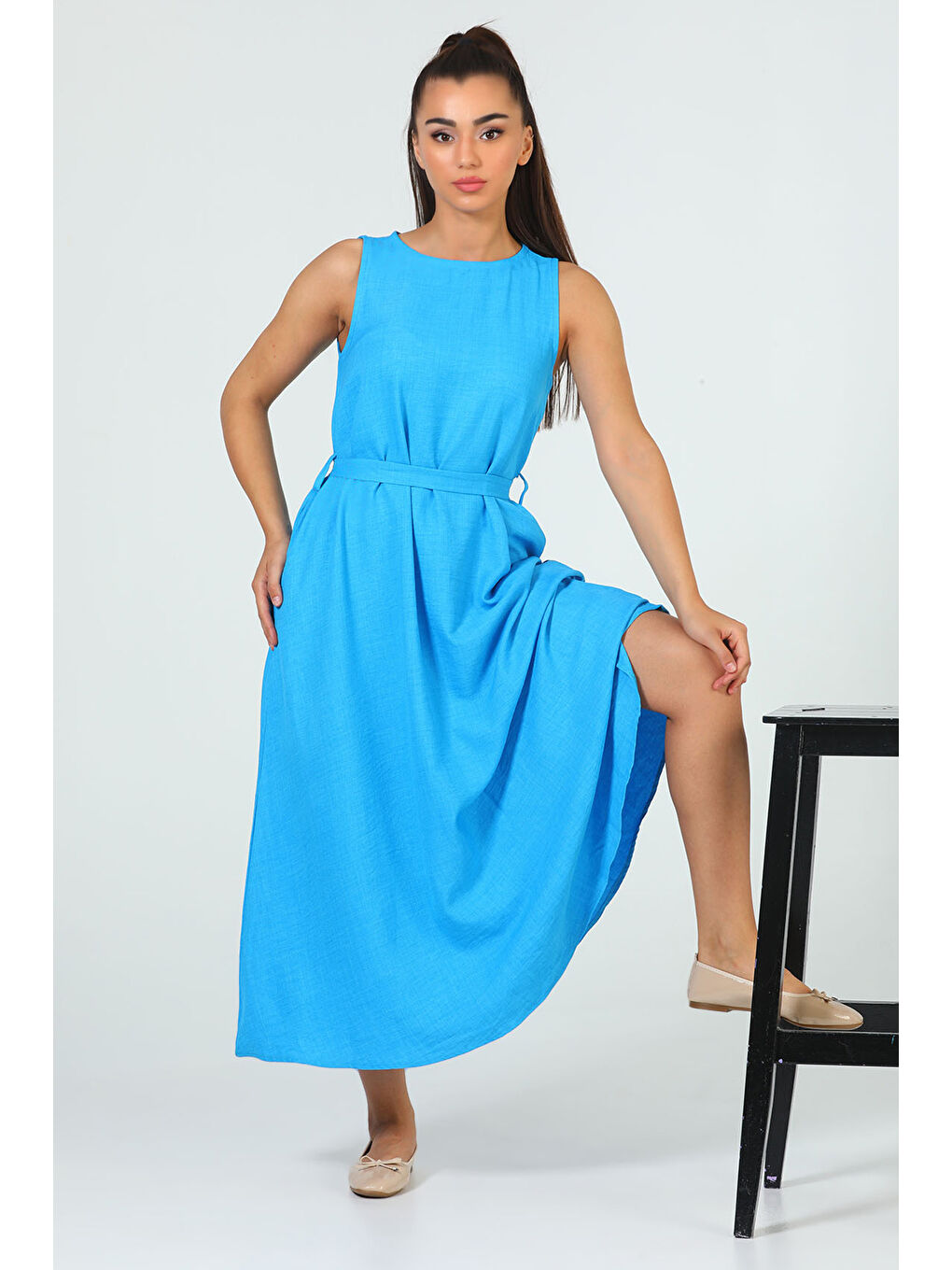 Mavi Kadın Bisiklet Yaka Cep Detaylı Bel Kuşaklı Uzun Elbise-4