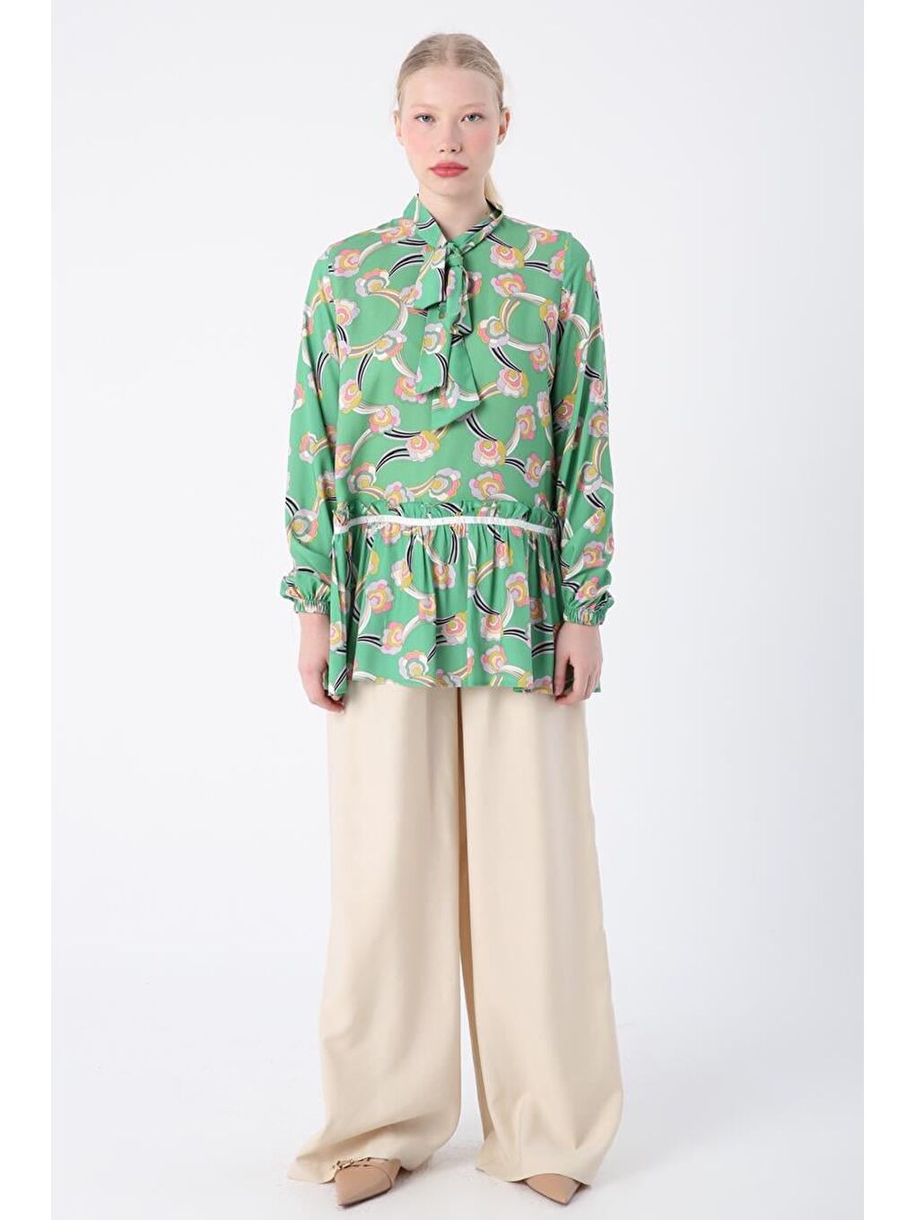 Yeşil-Lila-Yakası Fularlı Desenli Viskon Tunik-1