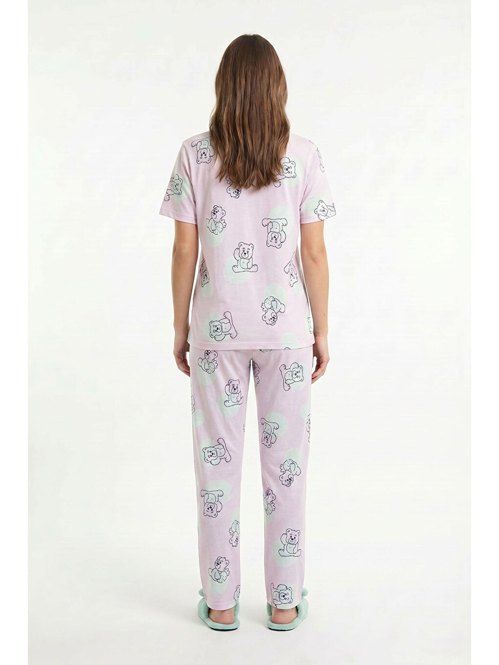 Kadın Bisiklet Yaka Yumuşak Dokulu Ayıcık Desenli Kısa Kol Pijama Takım | Pembe 70132-4680-2