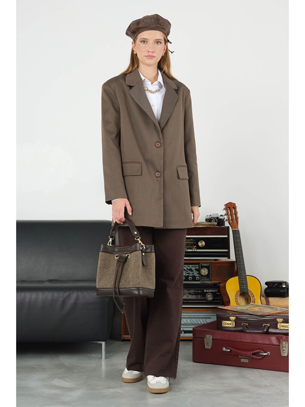 Kahverengi Klasik Blazer Ceket Ceviz Kabuğu-2