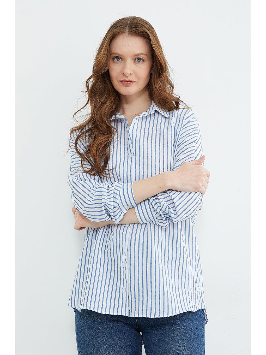 Mavi Çizgili Oversize Gömlek-2