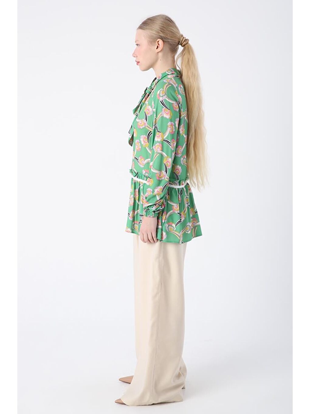 Yeşil-Lila-Yakası Fularlı Desenli Viskon Tunik-2