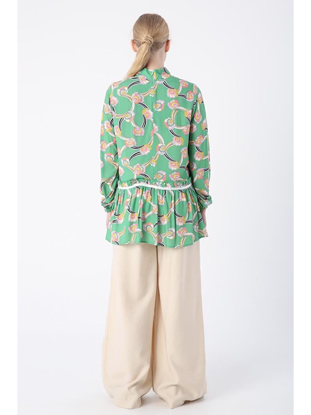 Yeşil-Lila-Yakası Fularlı Desenli Viskon Tunik-3