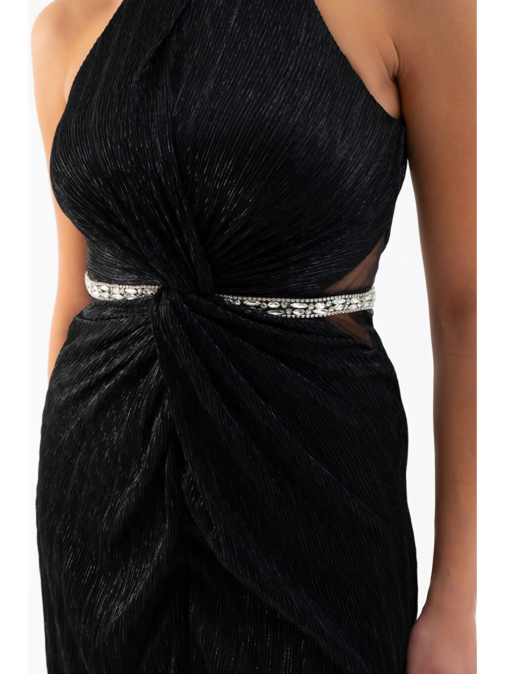 Kadın Siyah Halter Yaka Taşlı Uzun Abiye Elbise-4