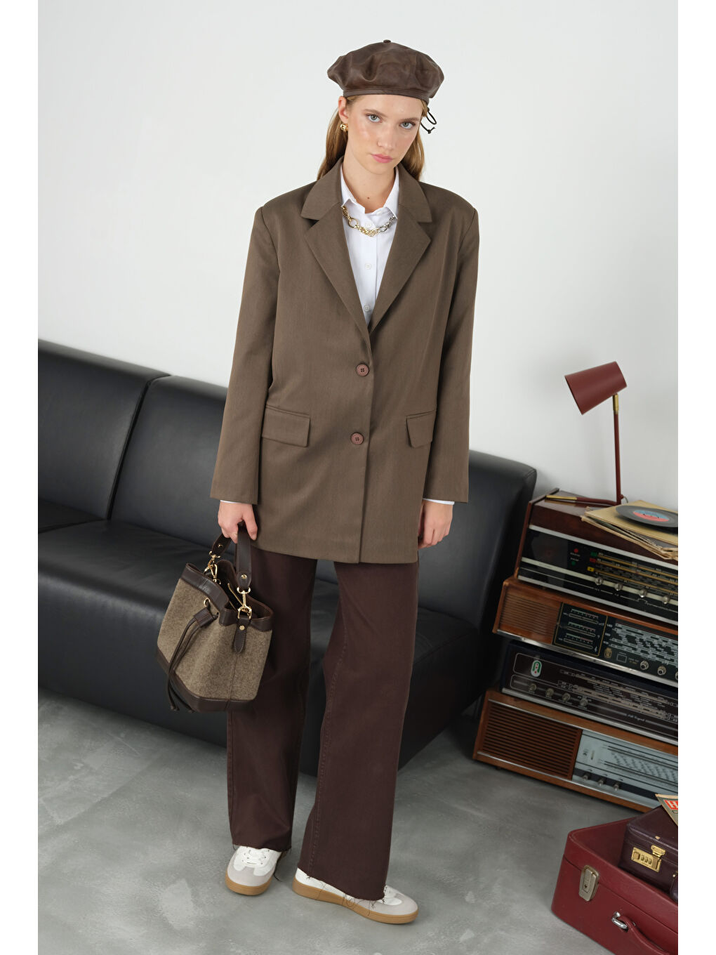 Kahverengi Klasik Blazer Ceket Ceviz Kabuğu-4